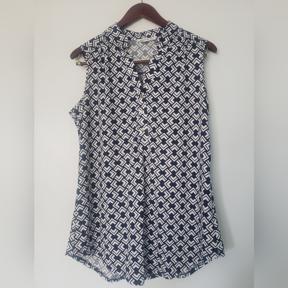 Perception Concepts Sleeveless Top. Button Detailed Navy Blue & White.